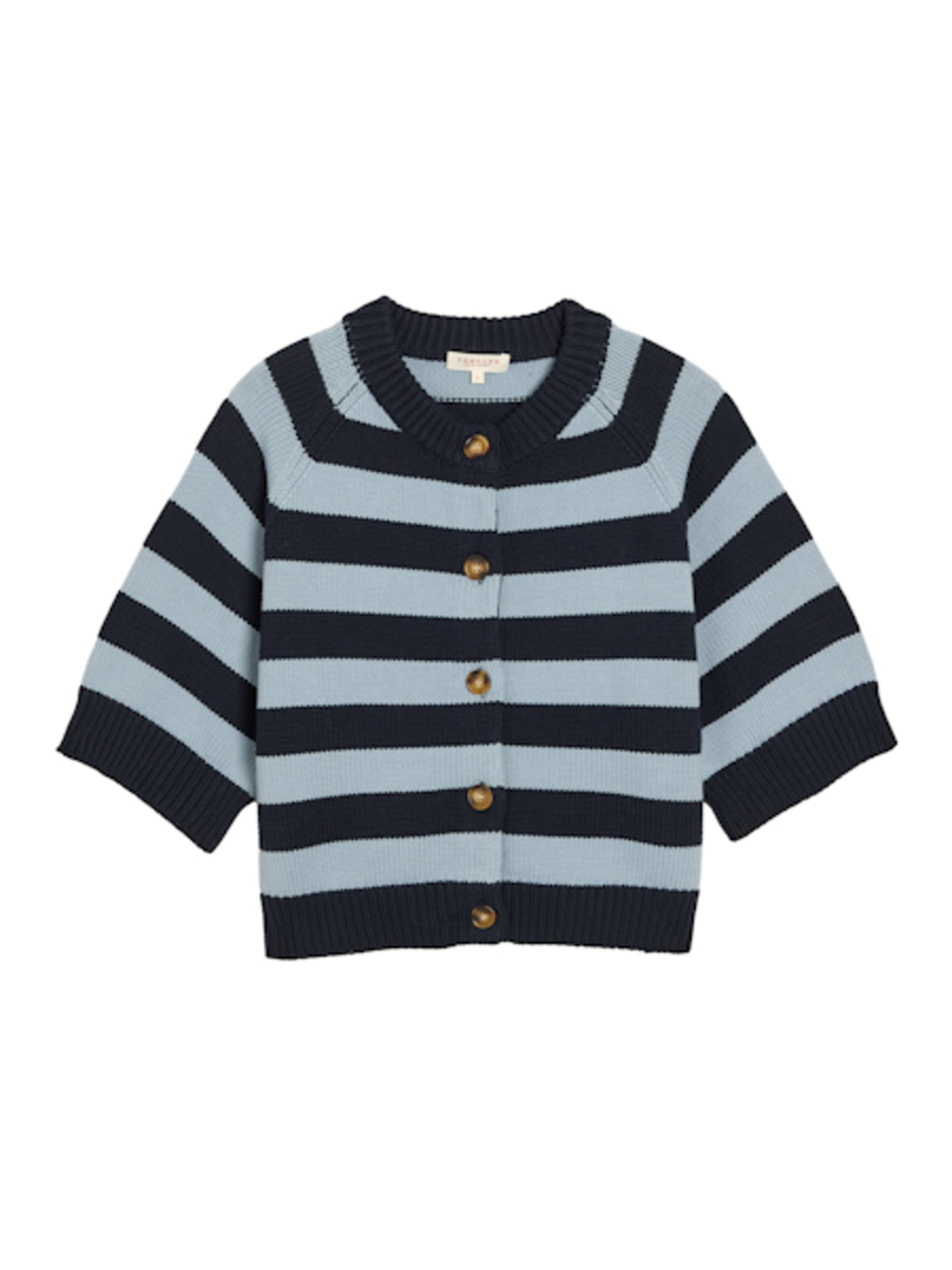 Image of DEMYLEE NEW YORK Latki Striped Cotton Cardigan. Latki Cardigan has oversized tortoise buttons and hits at the elbow. All over navy and blue stripes made from organic cotton. 