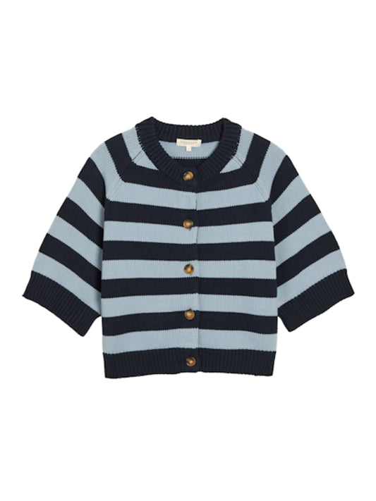 Image of DEMYLEE NEW YORK Latki Striped Cotton Cardigan. Latki Cardigan has oversized tortoise buttons and hits at the elbow. All over navy and blue stripes made from organic cotton. 