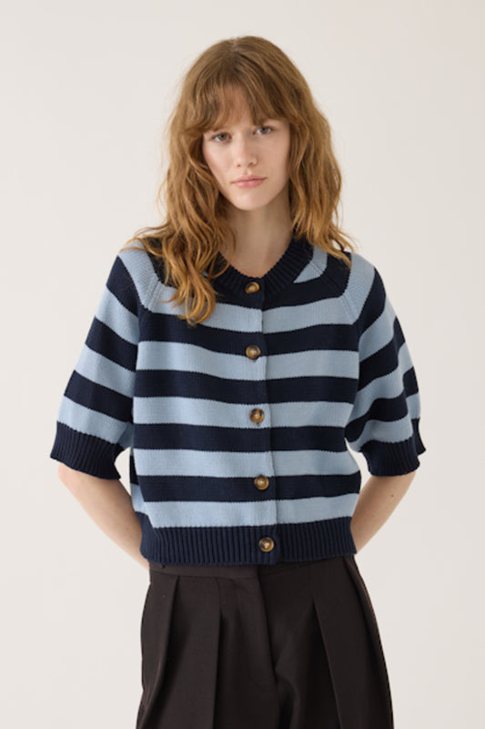 Image of DEMYLEE NEW YORK Latki Striped Cotton Cardigan. Latki Cardigan has oversized tortoise buttons and hits at the elbow. All over navy and blue stripes made from organic cotton. 