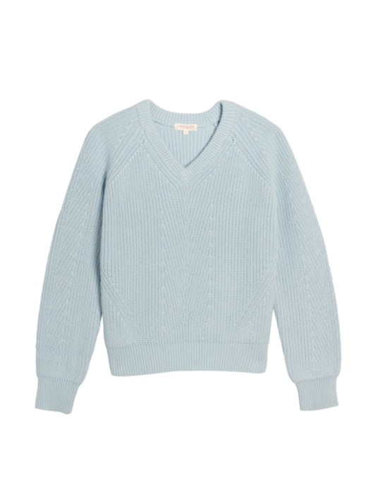 Image of DEMYLEE NEW YORK Mimi Washed Cotton Sweater in Icy Blue. Mimi is a chunky fitting sweater with open v-neckline. 