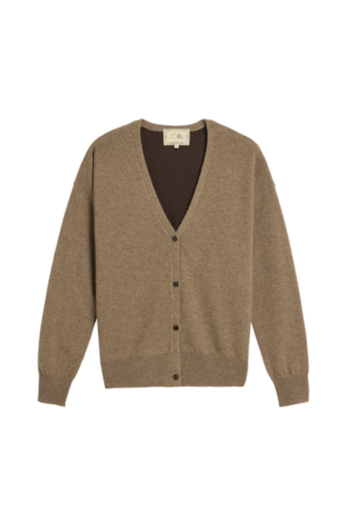 Image of model wearing DEMYLEE Abigail Color Block Cashmere Cardigan in Non-Dye and Espresso Dye Cashmere. 