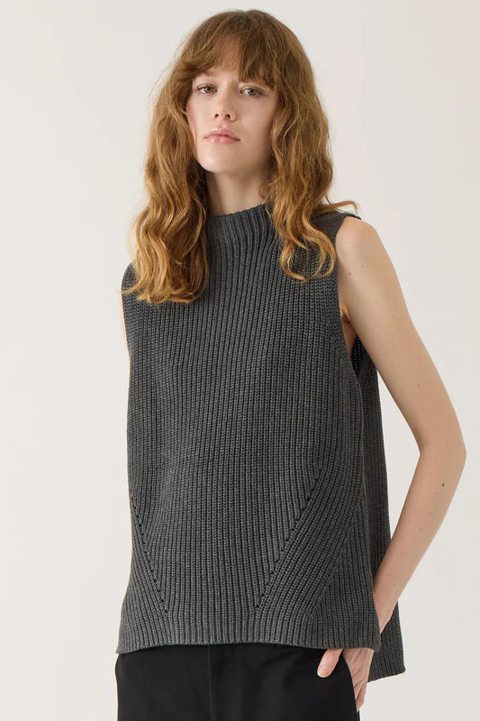 Image of DEMYLEE NEW YORK Delaney Cotton Vest in Charcoal. Delaney has a mock neck and side slits at hem for a flattering fit. Pull over styling.
