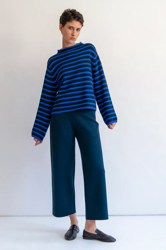 Image of model wearing Demylee New York Dylan Rollneck Cotton Sweater in Navy and Royal Blue Stripes _ Female Founded Knitwear Brands