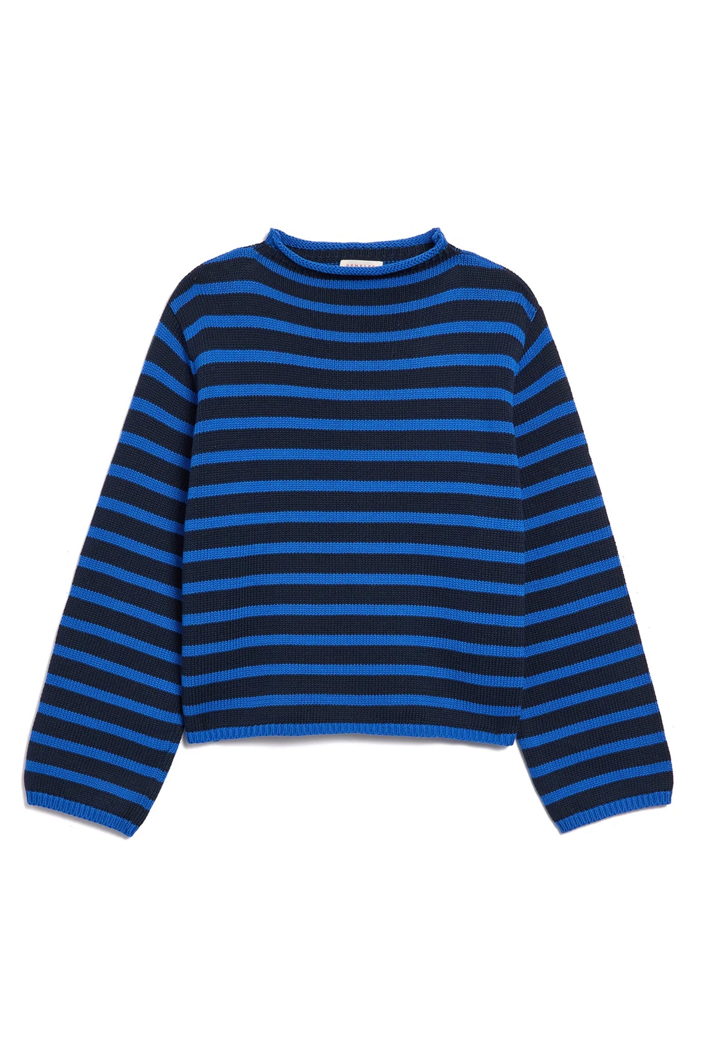 Image of Demylee New York Dylan Rollneck Cotton Sweater in Navy and Royal Blue Stripes on white background _ Female Founded Knitwear Brands