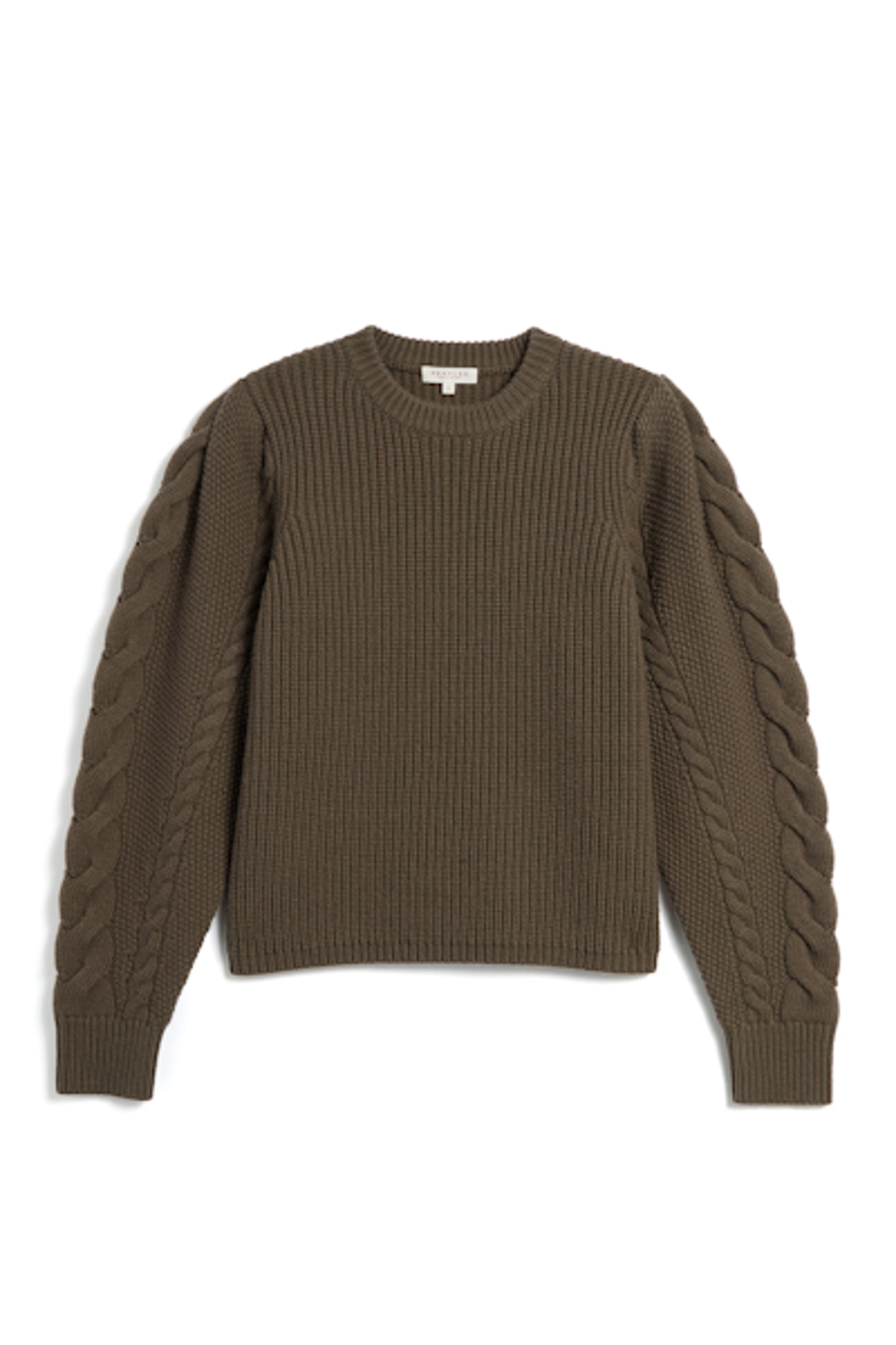 Image of Demylee New York Soft Bark Colored Grisel Responsible Wool Cableknit Crewneck Sweater featuring Braided Sleeve Details _ Ethical Knitwear Brands _ Women Owned Knitwear Brands