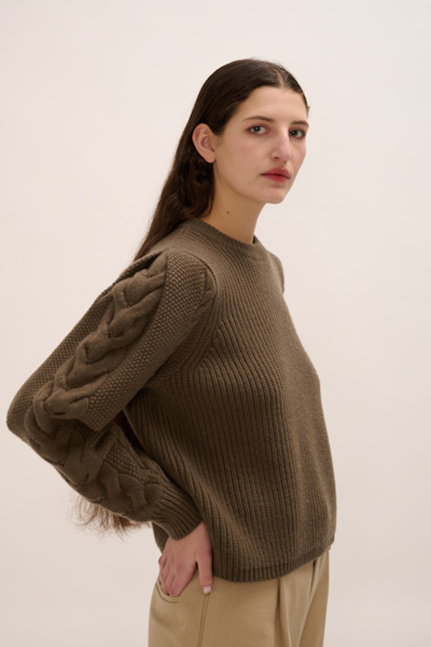 Image of model in Demylee New York Soft Bark Colored Grisel Responsible Wool Cableknit Crewneck Sweater featuring Braided Sleeve Details _ Ethical Knitwear Brands _ Women Owned Knitwear Brands