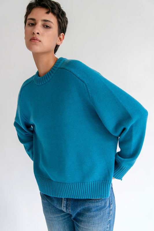 Image of model wearing Demylee New York Haruhi Cotton Crewneck Sweater in Azure color _ Female Founded Knitwear Brands