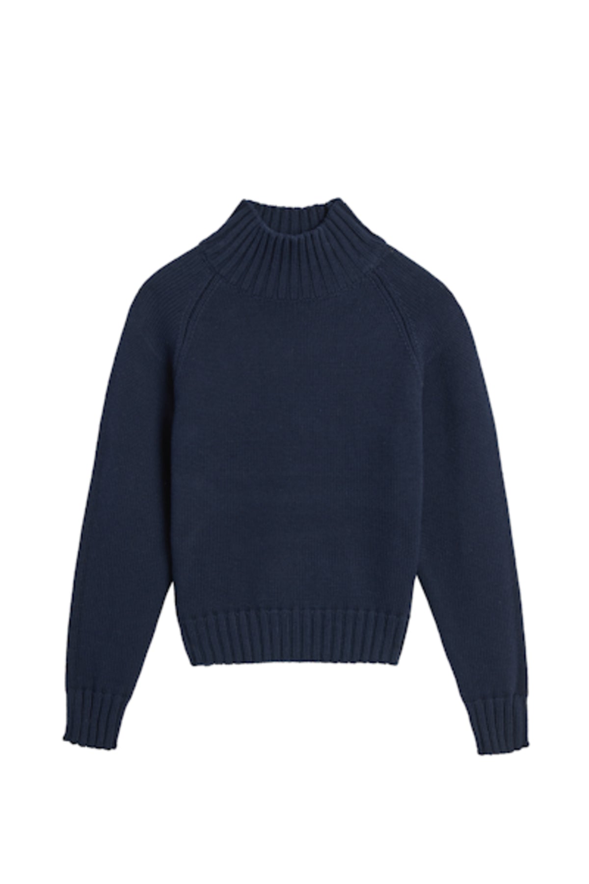 Image of model wearing DEMYLEE Kaitlyn Cotton Cashmere Turtleneck Sweater in Deep Navy. 