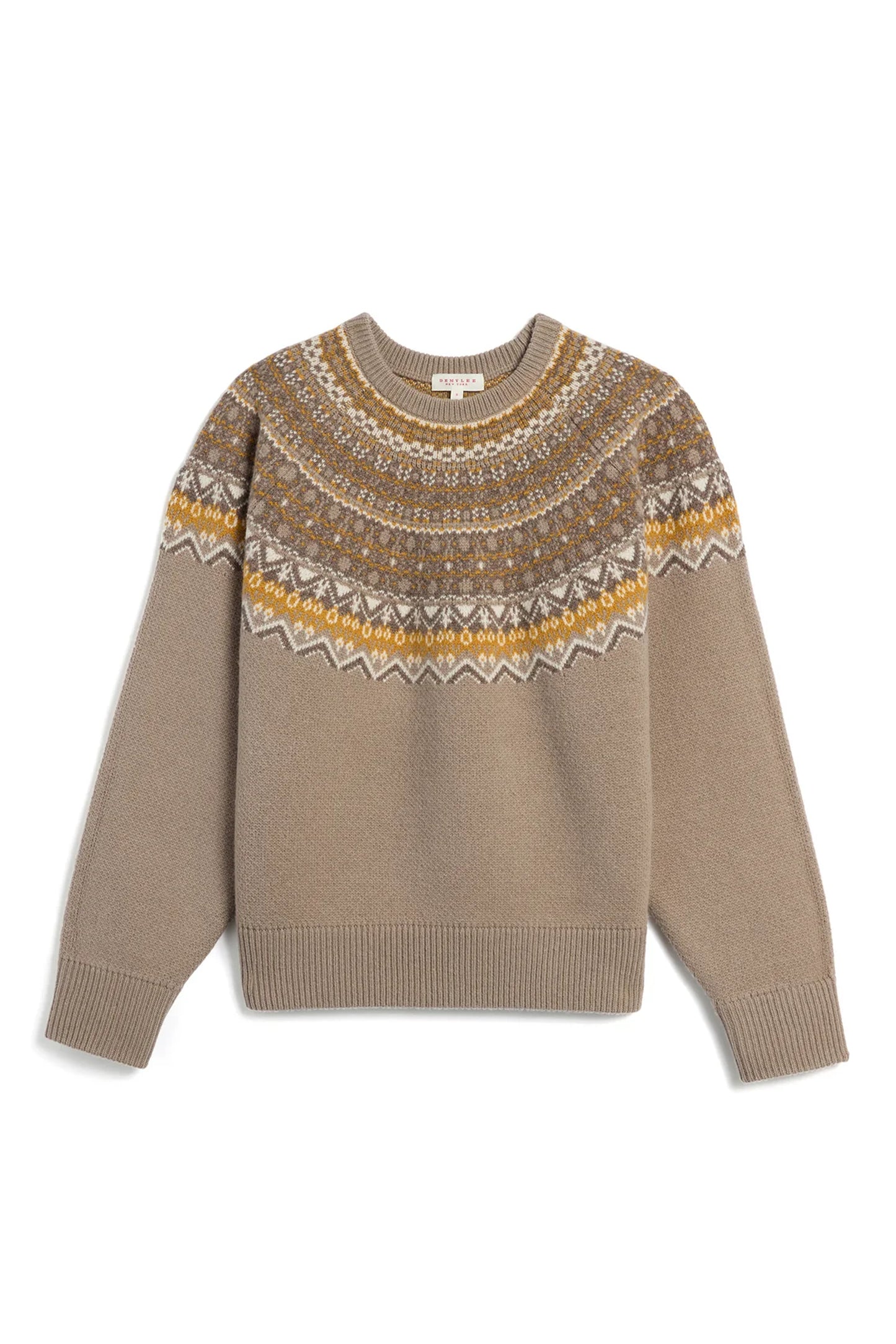 Image of Demylee New York Linie Responsible Wool Fairisle Crewneck Sweater featuring a Mustard Yellow and White Fairsile Print on Beige _ Ethical Knitwear Brands _ Women Owned Knitwear Brands