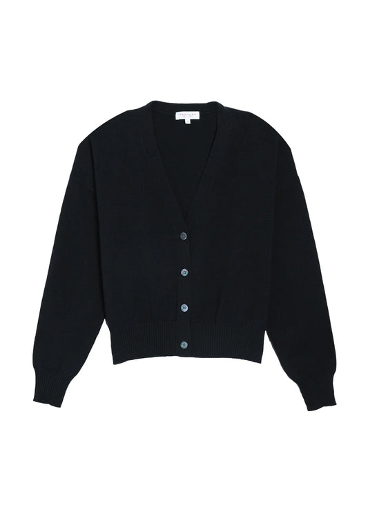 Image of DEMYLEE Lola Cardigan in True Black. Lola Cardigan has a classic, loose fit with an open vneck line and iridescent pearl buttons. Made from cotton-cashmere.
