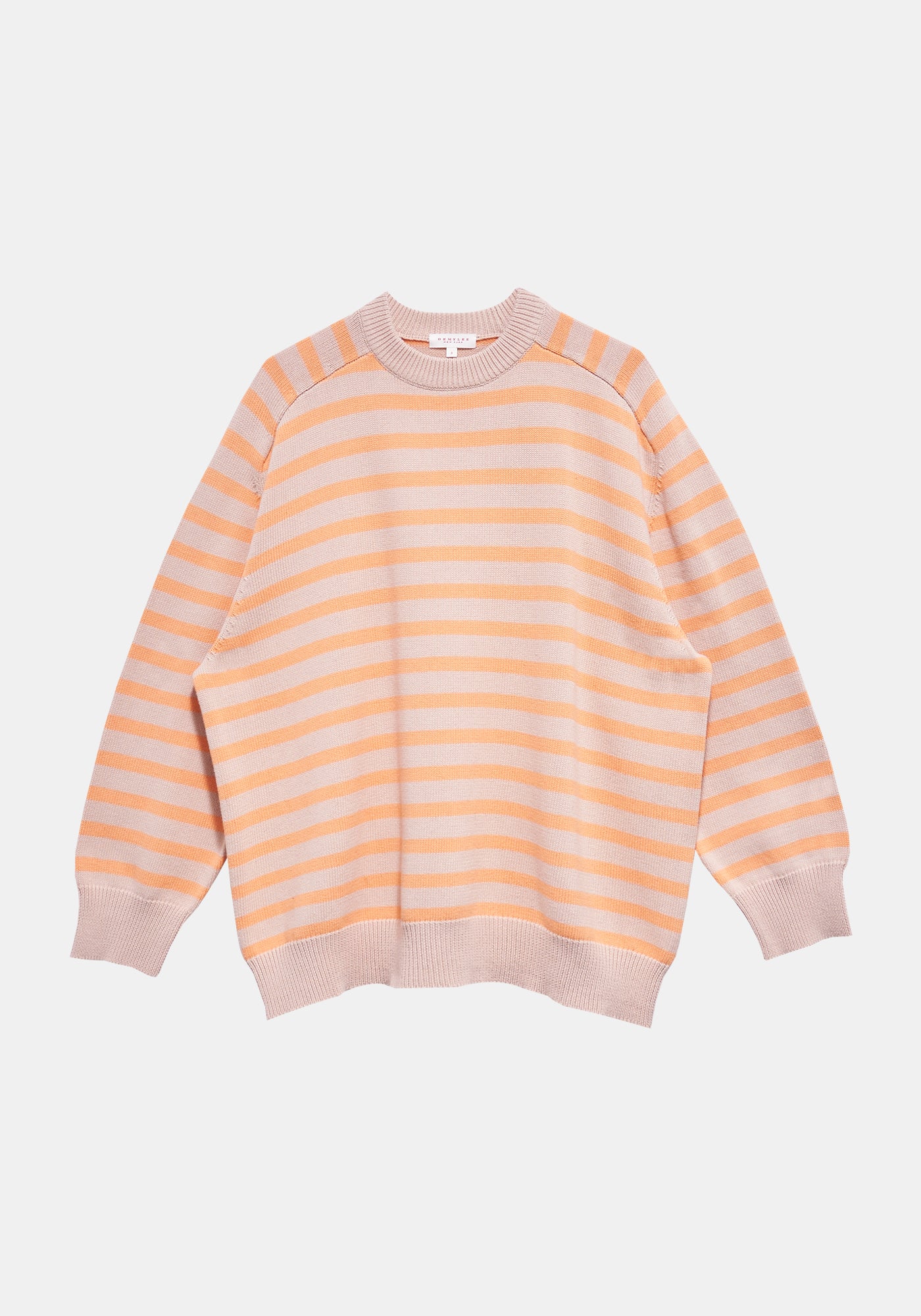 DEMYLEE NEW YORK _ CRESSIDA STRIPED COTTON SWEATER _ Oversized Crewneck Fit with Peach on Tan Stripes and Ribbed Hem Finishes