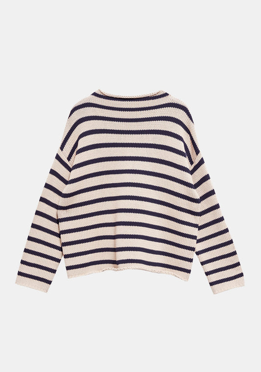 DEMYLEE NEW YORK _ LAMIS ROLLED HEM COTTON SWEATER _ Boxy Body with Mock Neck and Dropped Shoulder _ Classic Navy on Natural Cotton Nautical Stripe