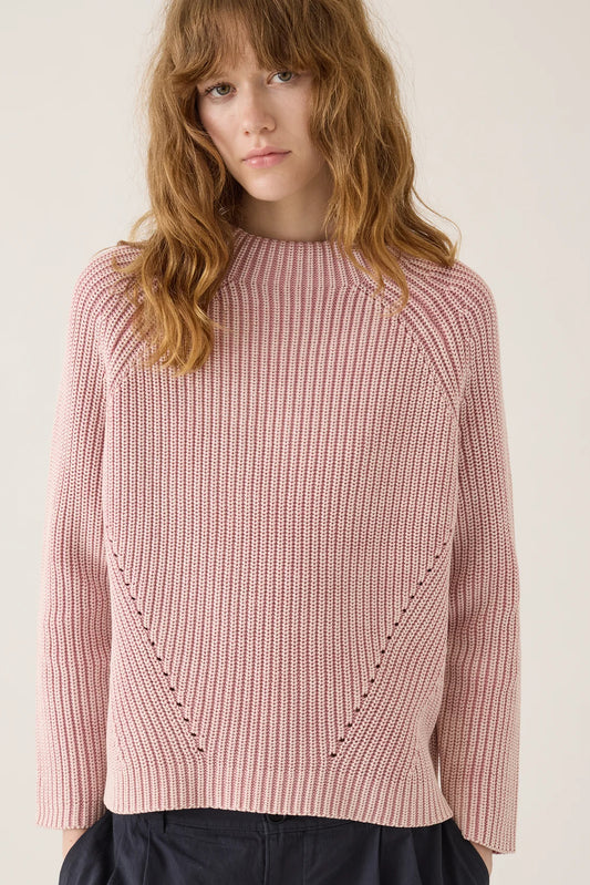 Image of DEMYLEE NEW YORK Daphne Washed Cotton Sweater in Peony Pink. Daphne has a mocked neck with pointelle seam details. 