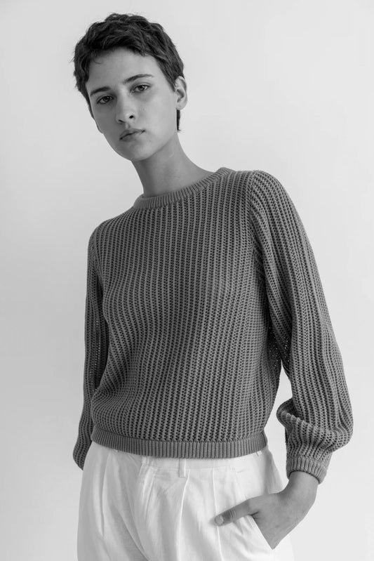 Image of model wearing Demylee New York Organic Cotton Rapha Pointelle Sweater _ Female Founded Knitwear Brands