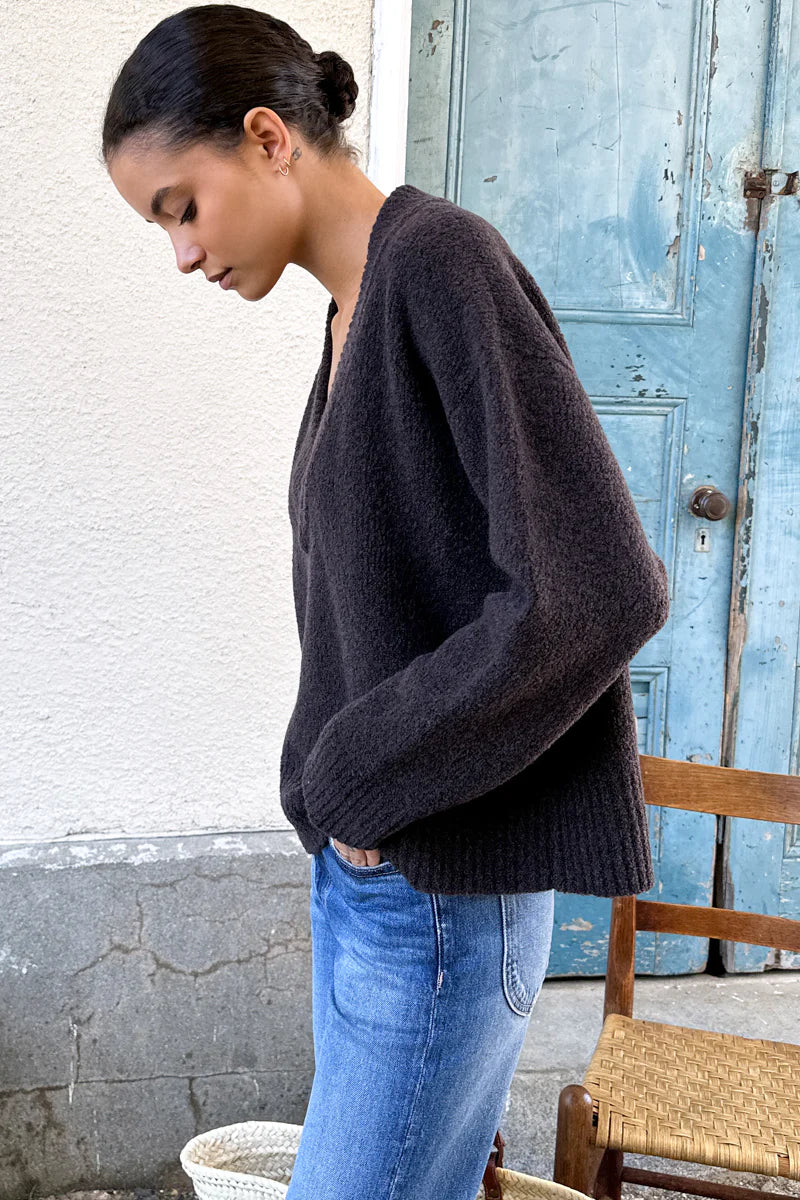 Boxy Boucle V-Neck Sweater | Dark Cocoa