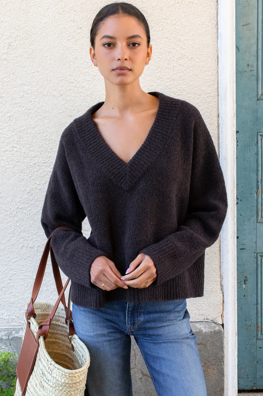 Boxy Boucle V-Neck Sweater | Dark Cocoa