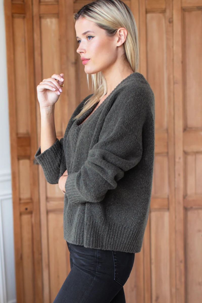 Boxy Boucle V-Neck Sweater | Olive Green