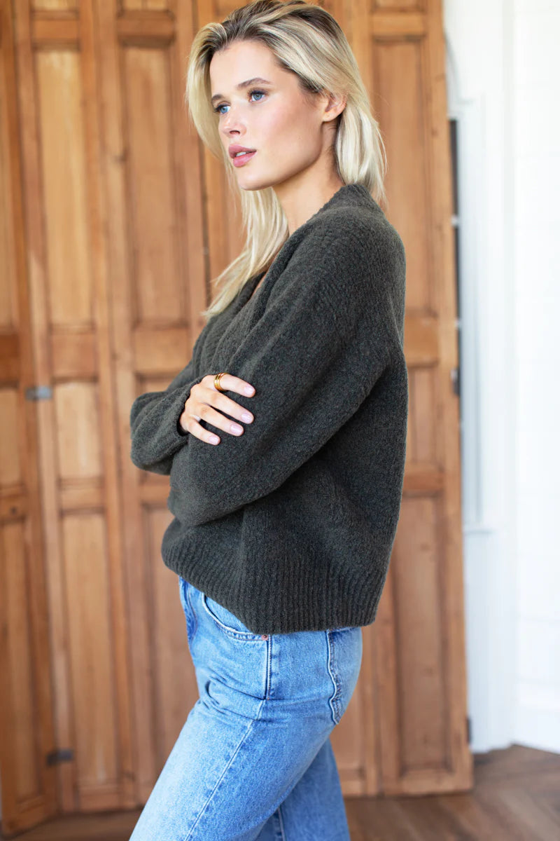 Boxy Boucle V-Neck Sweater | Olive Green
