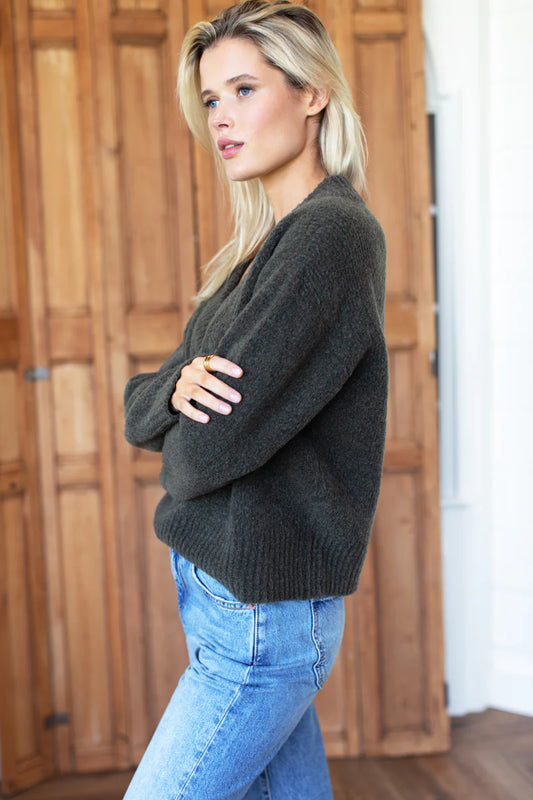 Boxy Boucle V-Neck Sweater | Olive Green