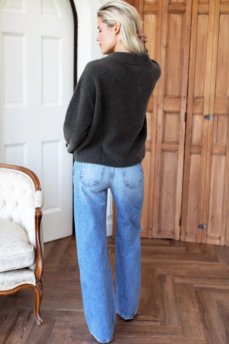 Boxy Boucle V-Neck Sweater | Olive Green