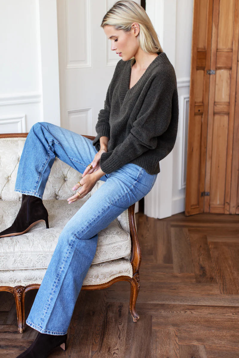 Boxy Boucle V-Neck Sweater | Olive Green