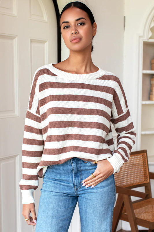 Image of model wearing EMERSON FRY Carolyn Sweater in French Mocha Stripe Organic Cotton.