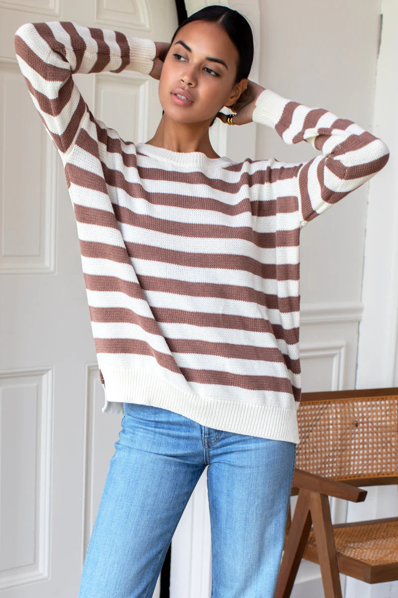 Image of model wearing EMERSON FRY Carolyn Sweater in French Mocha Stripe Organic Cotton. 