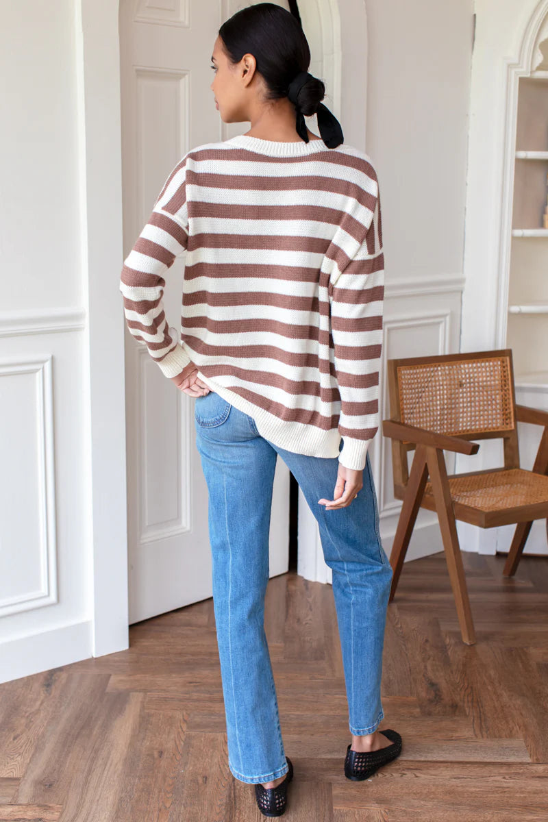 Image of model wearing EMERSON FRY Carolyn Sweater in French Mocha Stripe Organic Cotton. 