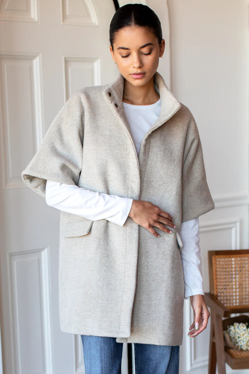 Image of model in Emerson Fry Mohair Wool Layering Jacket in Light Camel Hounds tooth print _ Small Batch Ethical Women's Fashion  _ Made in USA Women's Apparel