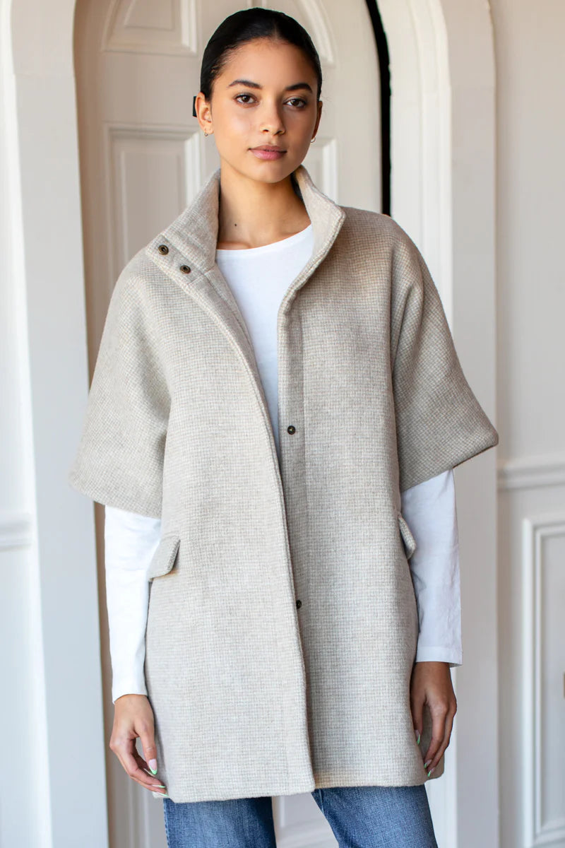 Image of model in Emerson Fry Mohair Wool Layering Jacket in Light Camel Hounds tooth print _ Small Batch Ethical Women's Fashion  _ Made in USA Women's Apparel