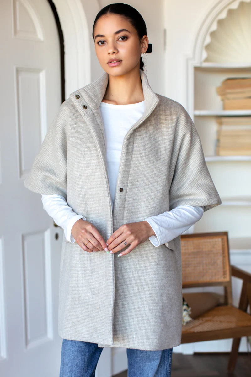 Image of model in Emerson Fry Mohair Wool Layering Jacket in Light Camel Hounds tooth print _ Small Batch Ethical Women's Fashion  _ Made in USA Women's Apparel