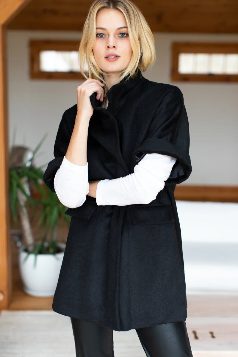 Image of model wearing EMERSON FRY Layering Jacket in Black Cashmere Wool. Made in USA. 