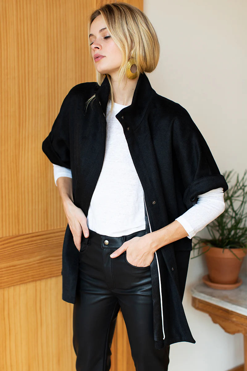 Image of model wearing EMERSON FRY Layering Jacket in Black Cashmere Wool. Made in USA. 
