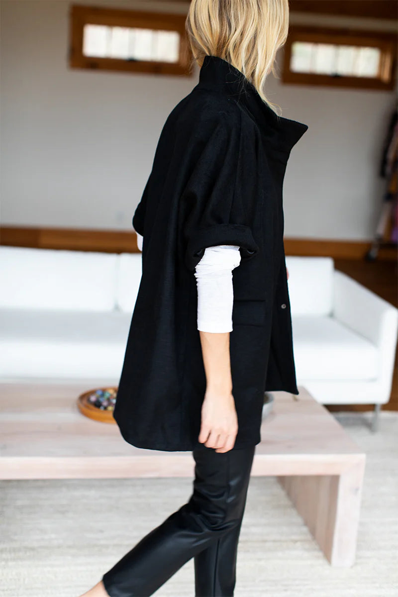 Image of model wearing EMERSON FRY Layering Jacket in Black Cashmere Wool. Made in USA. 