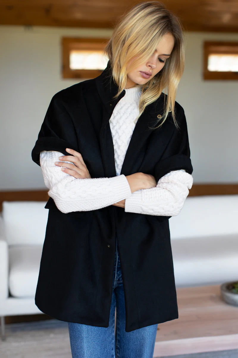 Image of model wearing EMERSON FRY Layering Jacket in Black Cashmere Wool. Made in USA. 