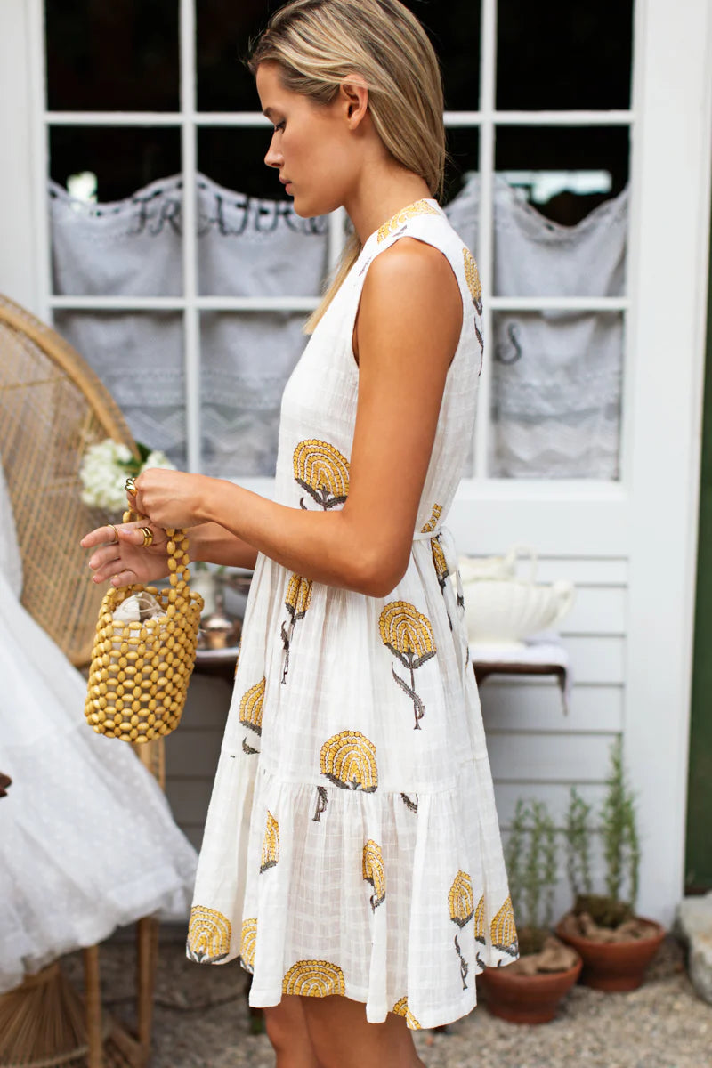 Indigo Tier Short Dress | Fan Flowers Marigolds