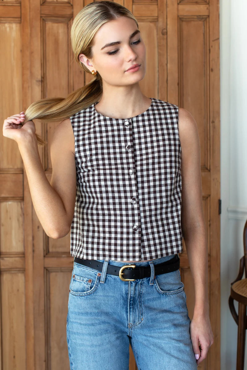 Button Front Wide Hem Top | Cocoa Gingham