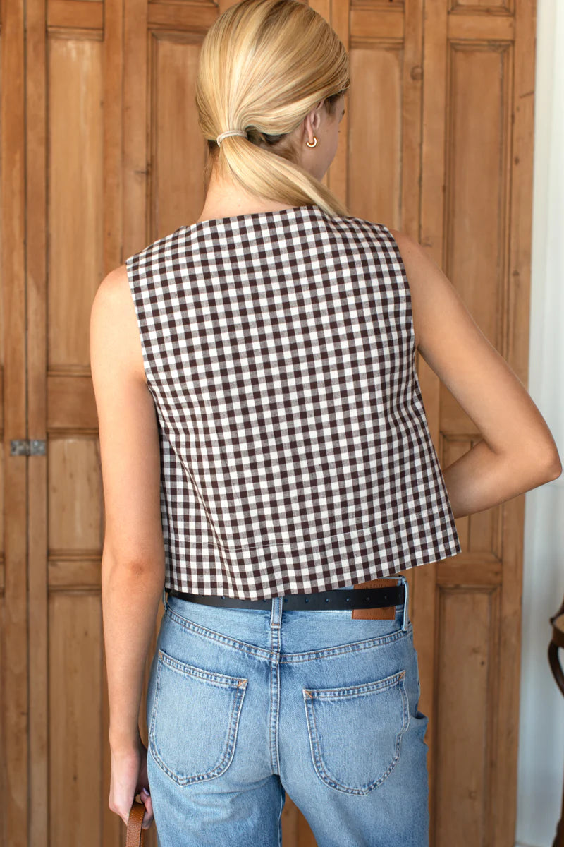 Button Front Wide Hem Top | Cocoa Gingham