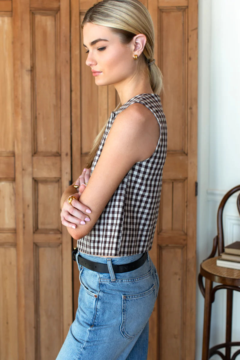 Button Front Wide Hem Top | Cocoa Gingham