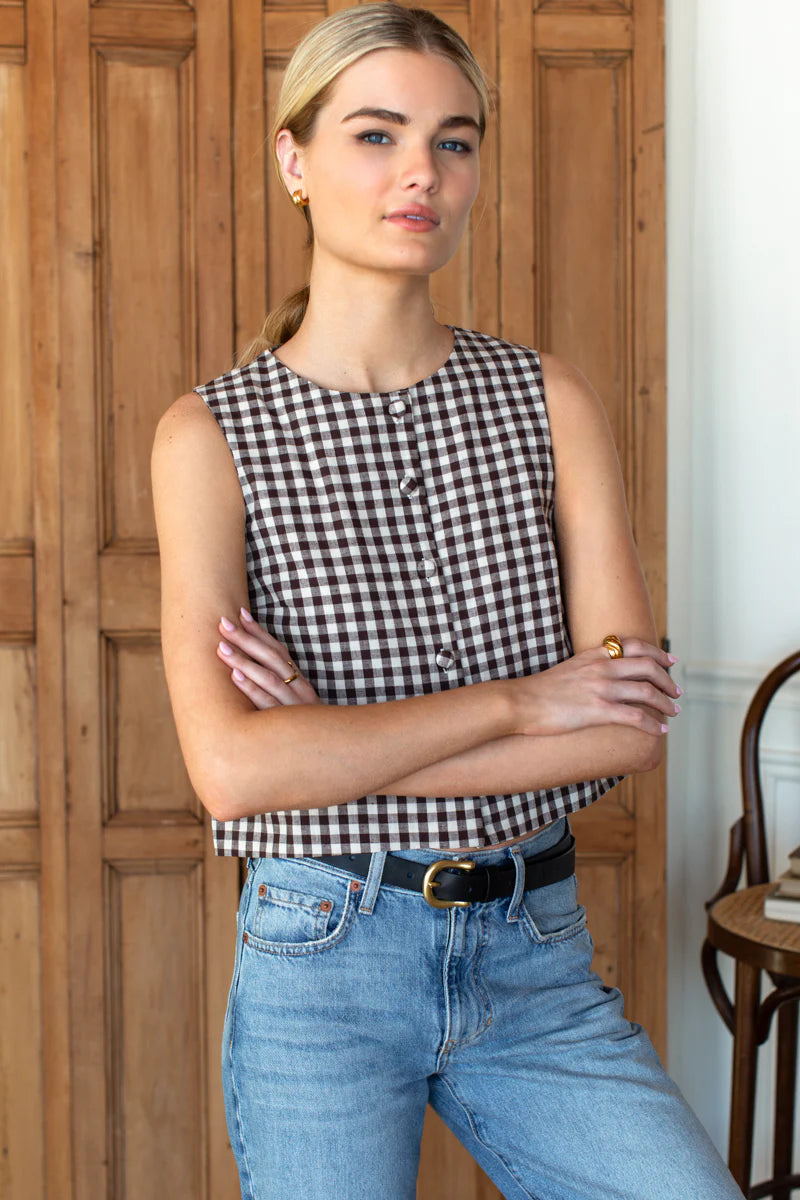 Button Front Wide Hem Top | Cocoa Gingham