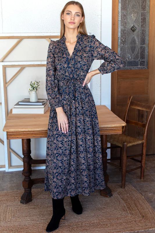 Image of model wearing EMERSON FRY LOVE TOMAS (India Collection) Frances 4 Basque Maxi Dress in Artisan Vines Organic Cotton. 