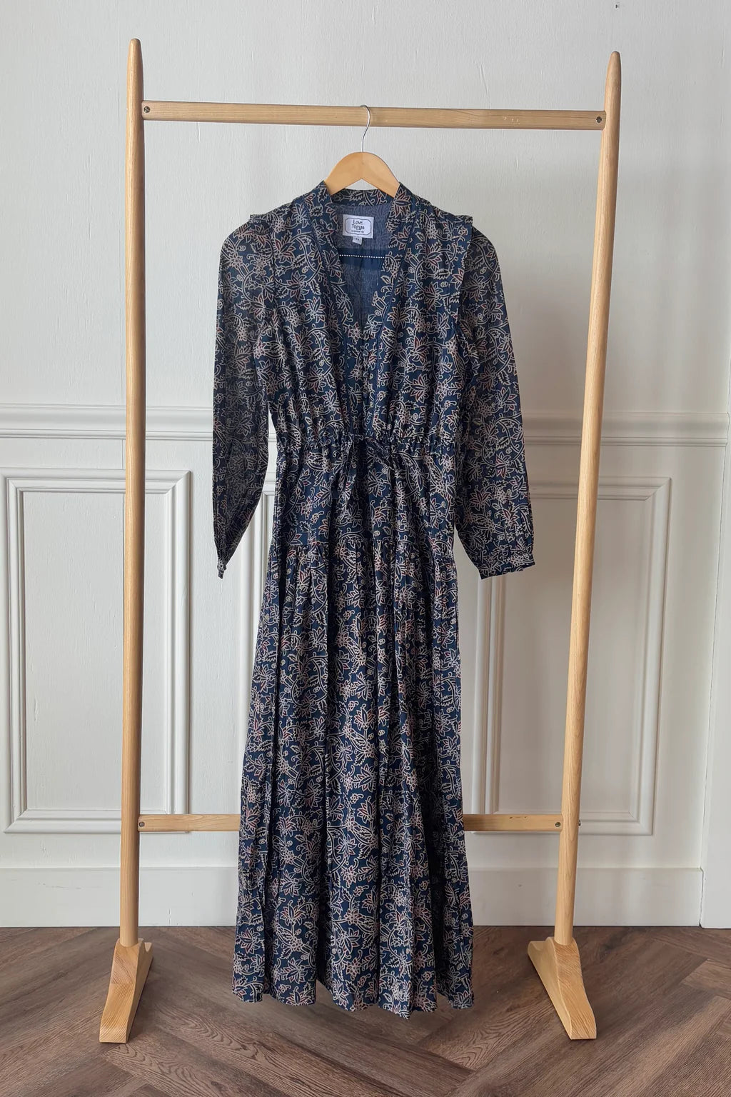 Image of model wearing EMERSON FRY LOVE TOMAS (India Collection) Frances 4 Basque Maxi Dress in Artisan Vines Organic Cotton. 