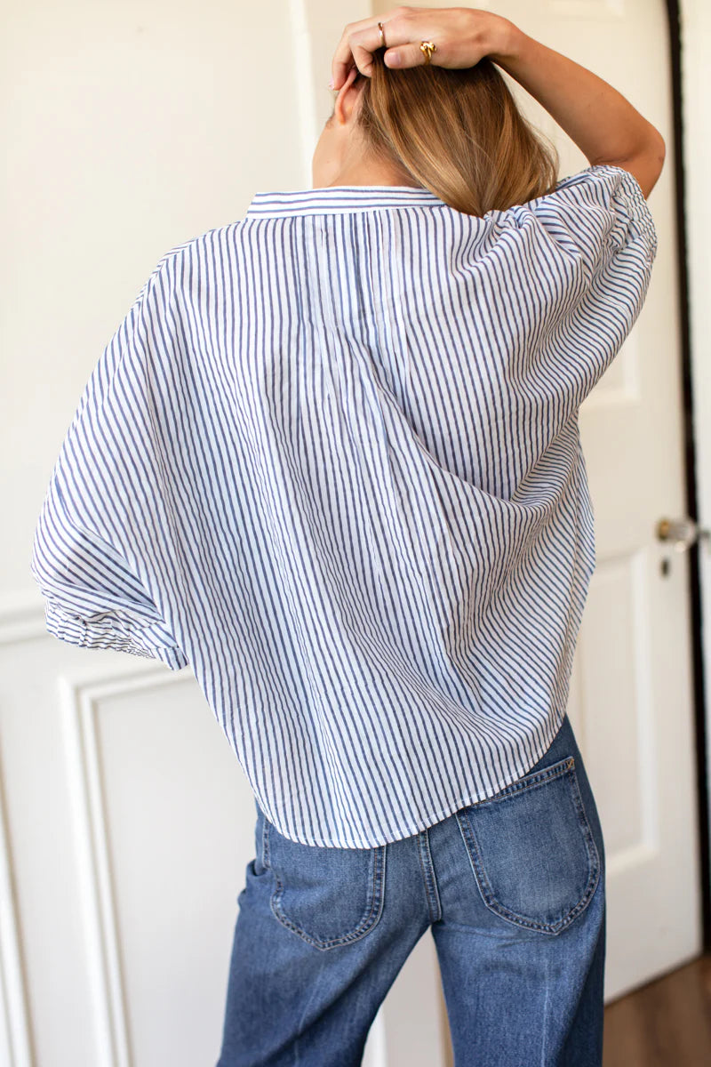 Mandarin Collar Top | Indigo Stripe Organic