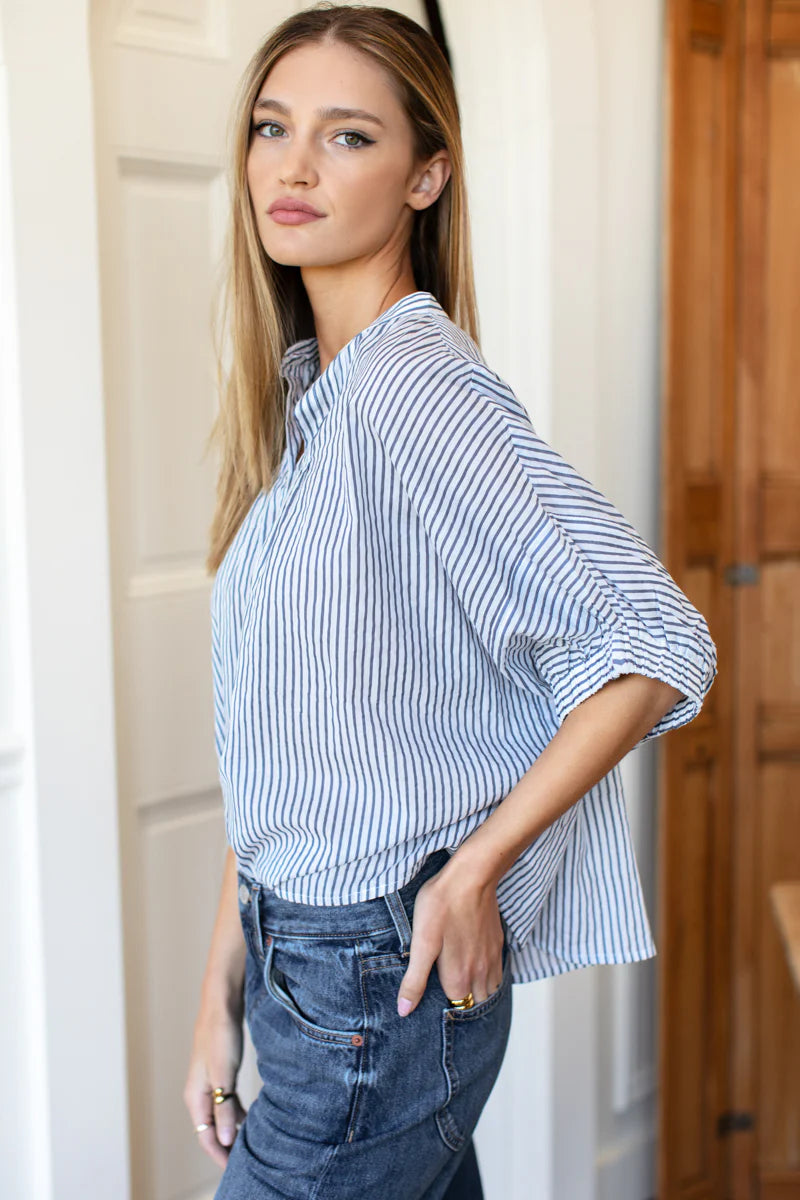 Mandarin Collar Top | Indigo Stripe Organic