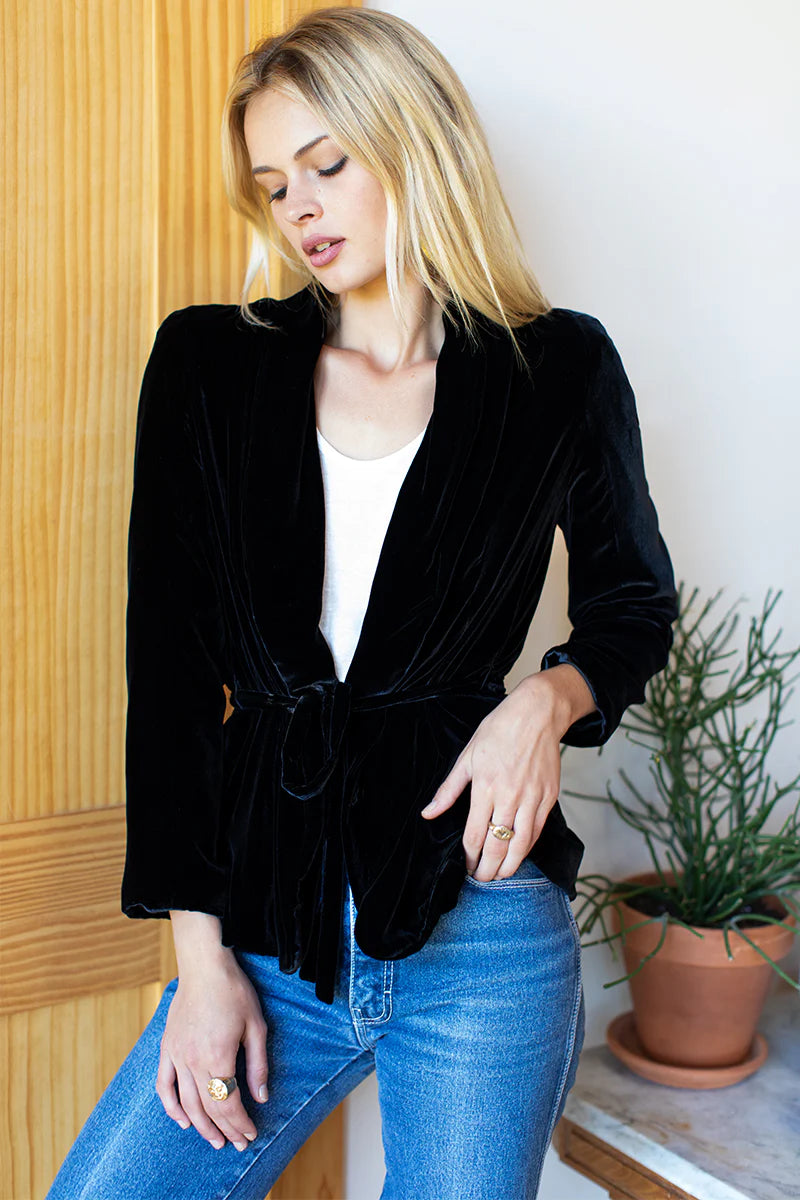 Image of model in Emerson Fry Black Silk Velvet Paris Jacket Blazer _ Small Batch Ethical Women's Fashion _ Made in USA Women's Apparel