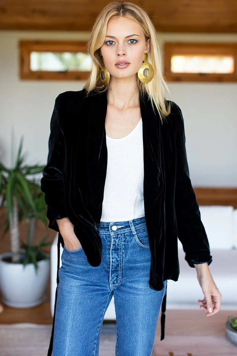 Image of model in Emerson Fry Black Silk Velvet Paris Jacket Blazer _ Small Batch Ethical Women's Fashion _ Made in USA Women's Apparel