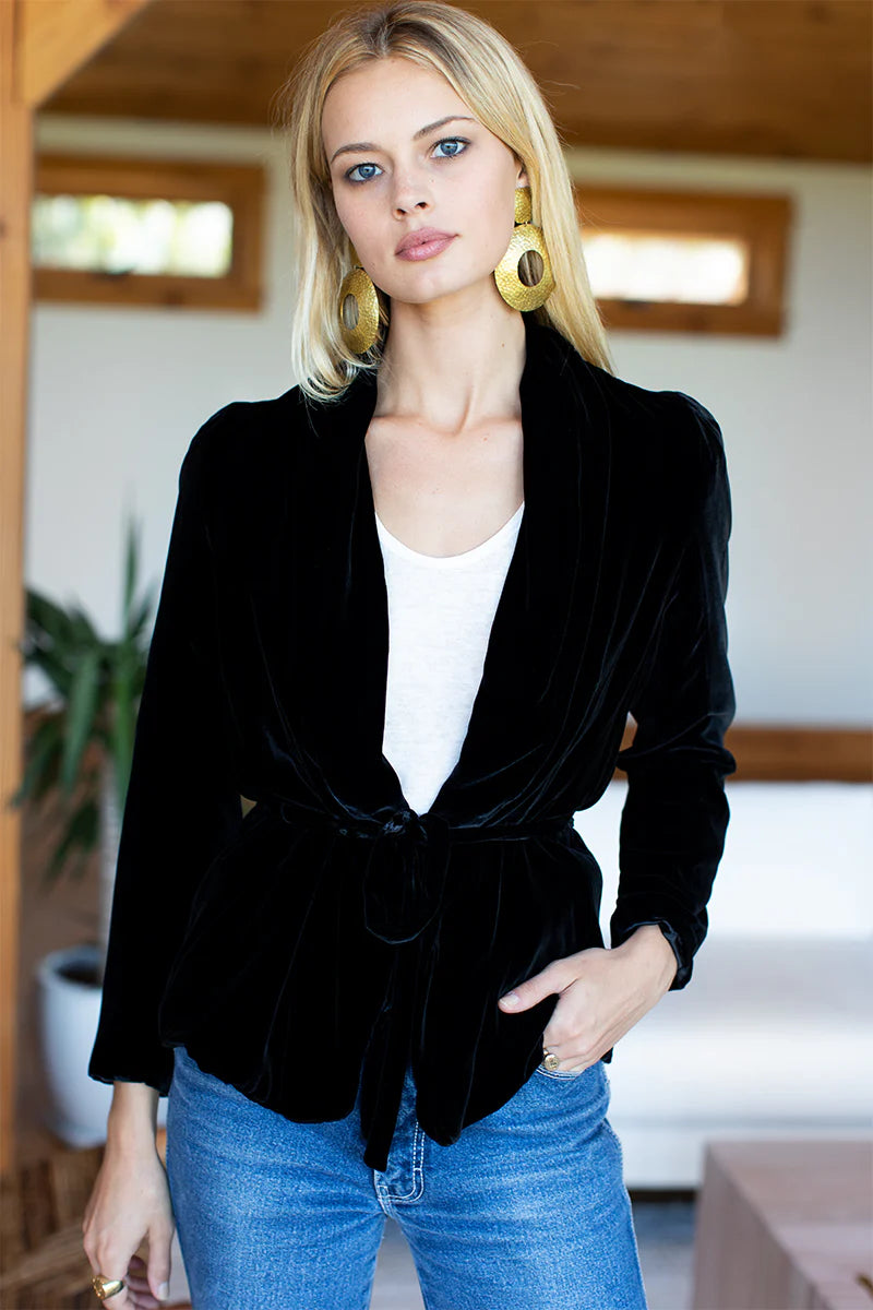 Image of model in Emerson Fry Black Silk Velvet Paris Jacket Blazer _ Small Batch Ethical Women's Fashion _ Made in USA Women's Apparel