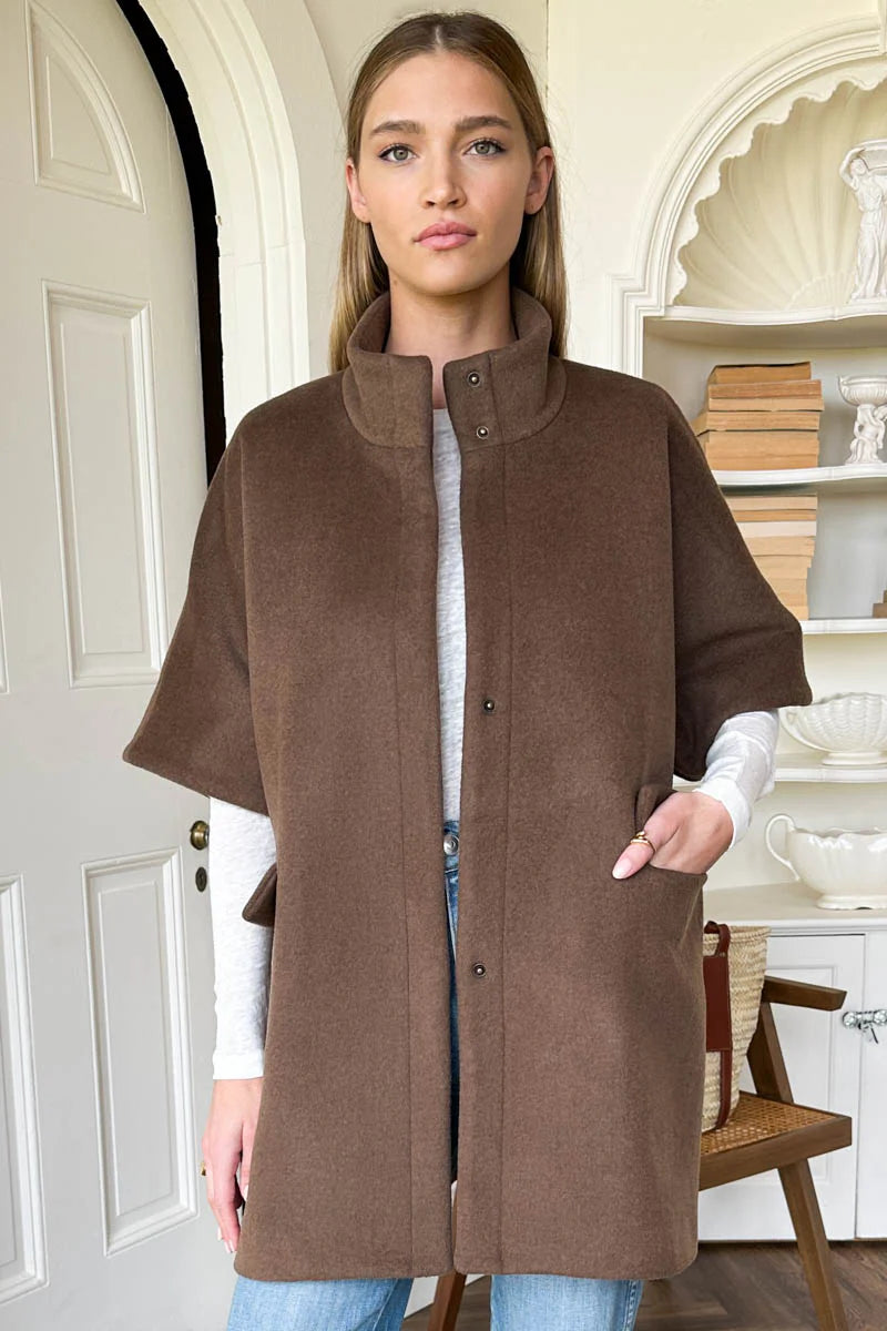 Image of model wearing EMERSON FRY Layering Jacket in Umber Brown Wool. Made in USA. 