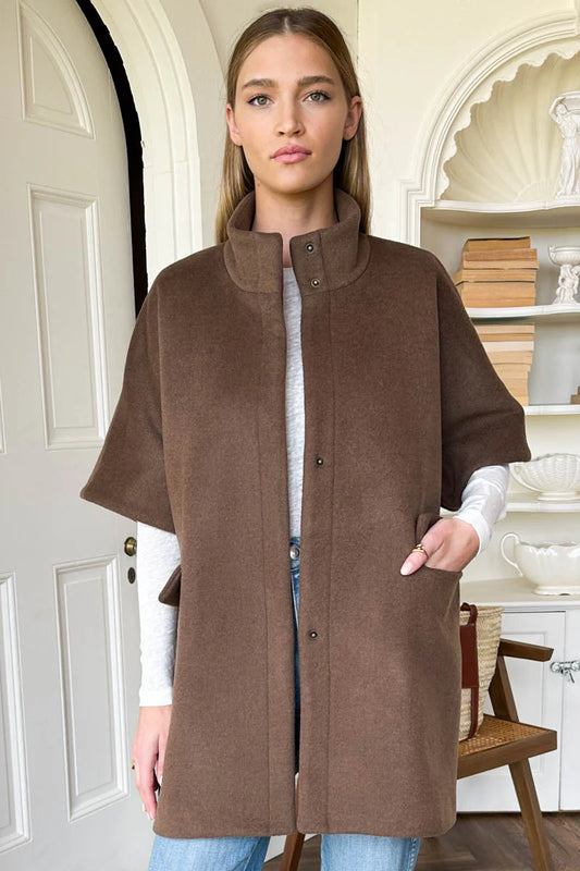 Image of model wearing EMERSON FRY Layering Jacket in Umber Brown Wool. Made in USA. 