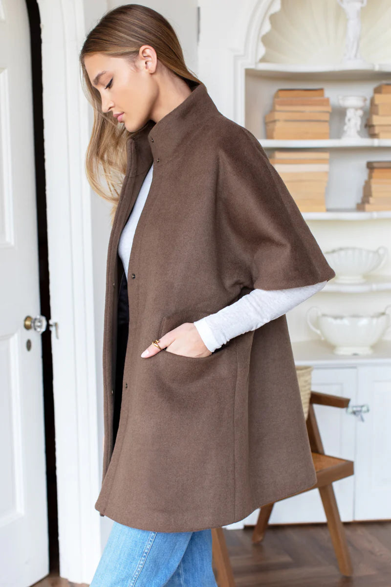 Image of model wearing EMERSON FRY Layering Jacket in Umber Brown Wool. Made in USA. 